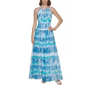 CALVIN KLEIN Tie-Dye Printed Gown Steel Blue Size 2